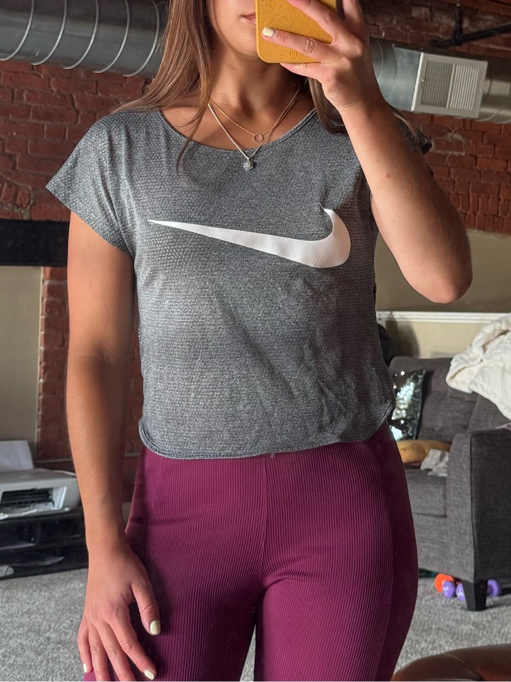 Nike Gray Cropped Mesh Tee with White Swoosh